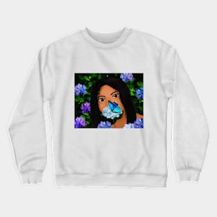 Girl with Hydrangeas and Blue Morpho Butterfly Crewneck Sweatshirt